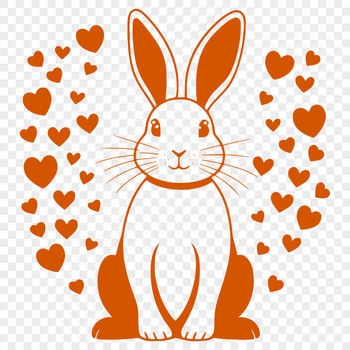 A full-body rabbit sitting with love hearts surrounding it.