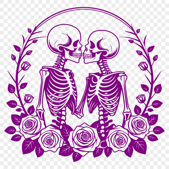 A skeletal figure holding a rose in its bony hands, surrounded by floral elements and decorative motifs.