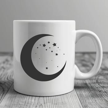 A stylized illustration of the Moon in orbit around the Earth.