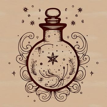 Ornate witch's potion bottle with mystical symbols, ideal for Halloween decorations or magic-themed designs.