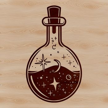 A detailed illustration of a gothic-style witchcraft scene featuring an ornate potion bottle.