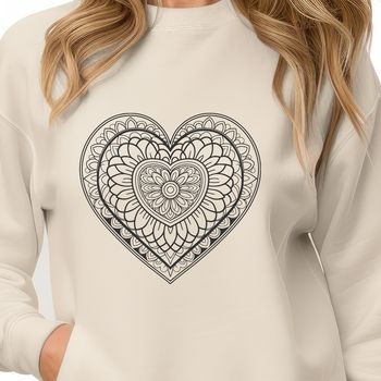 A colorful digital mandala heart design featuring intricate patterns and shapes.