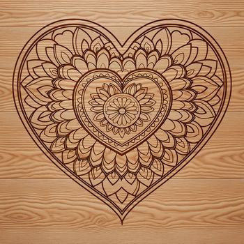 A vibrant mandala heart design made from intricate patterns and shapes.