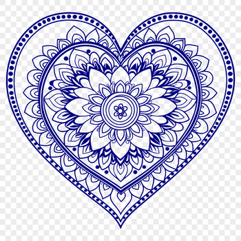 A intricately designed heart-shaped mandala with symmetrical patterns and geometric shapes.
