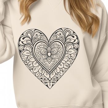 A intricately designed digital mandala with a heart shape at its center.