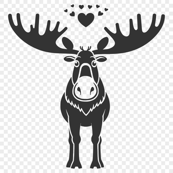 A realistic illustration of a moose, a wild animal native to North America, with love hearts incorporated into the design.