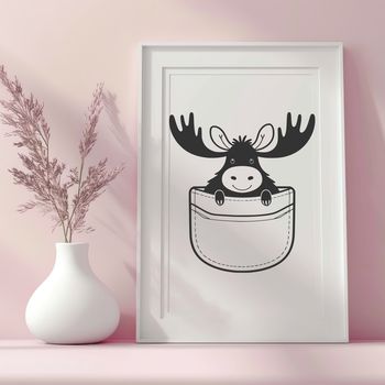An illustrated moose in a natural habitat.