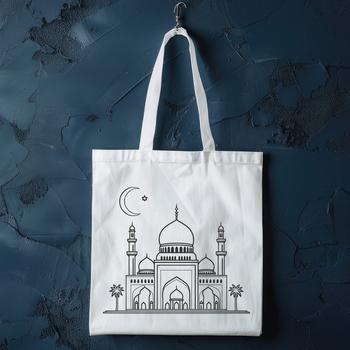A stylized 2D representation of a mosque with intricate architectural details.