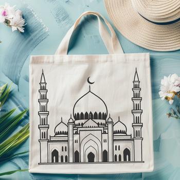 An illustration of a mosque with intricate architectural details in a vector format.