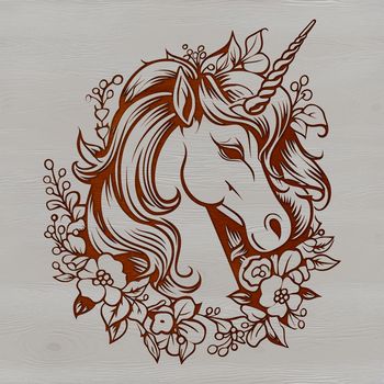 A mythical creature with a long neck and horn, surrounded by ornate floral patterns.