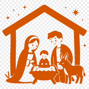 A traditional depiction of the Nativity scene featuring the Virgin Mary, Saint Joseph, and the baby Jesus in a stable.