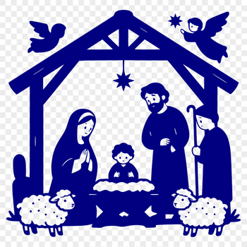 A classic Nativity scene illustration featuring Mary, Joseph, and the baby Jesus.