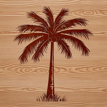 A single palm tree stands on a sandy beach, surrounded by lush green foliage.