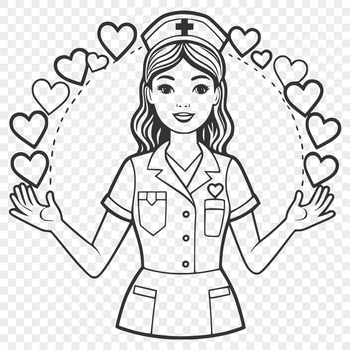 A female nurse illustrated with love hearts, symbolizing her caring profession.