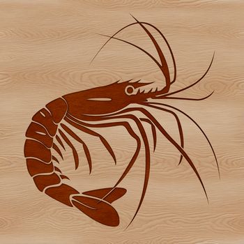 A detailed illustration of a small, edible shrimp with its shell and legs.