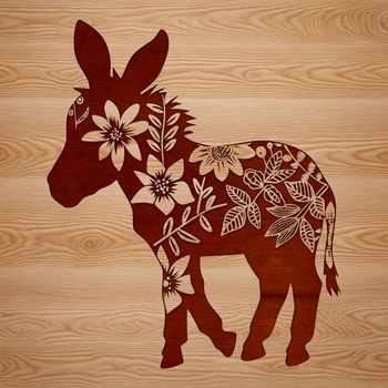 A stylized digital illustration of a standing donkey surrounded by ornate floral patterns.
