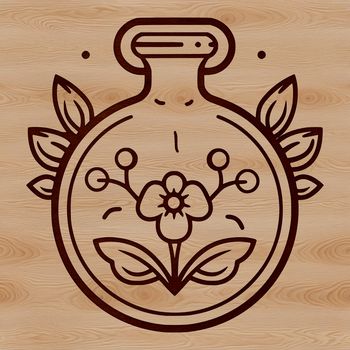 A detailed illustration of a witch's potion bottle surrounded by ornate floral patterns and elements of magic.