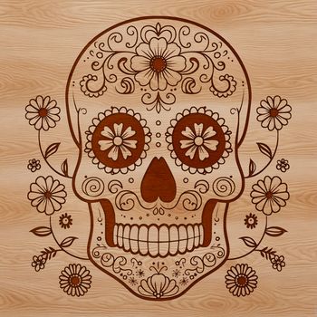 A detailed skull design featuring ornate floral patterns, suitable for tattoo art or vector illustrations.