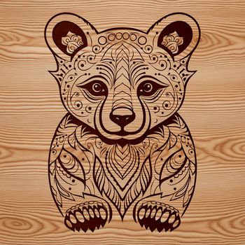 A stylized illustration of a bear sitting in a regal pose, adorned with intricate details.