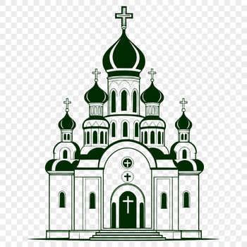 A stylized illustration of an Orthodox church with traditional architectural details.