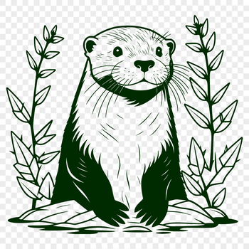 Close-up illustration of a river otter surrounded by water lilies and other aquatic plants.