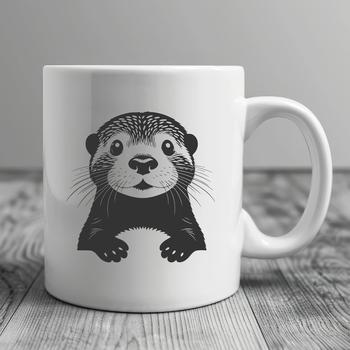 A small otter peeking out from behind a rock in a natural environment.