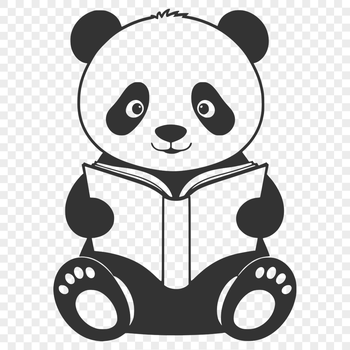 A cartoon-style illustration of a wild animal, a giant panda, sitting on the ground with a book in its paws.