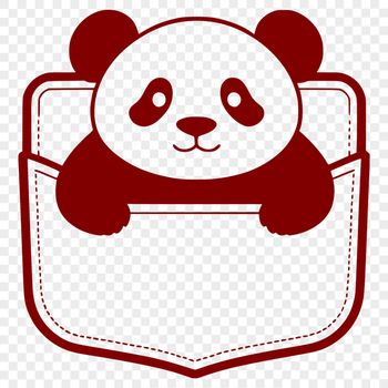 A black-and-white illustration of a panda bear sitting in a pocket.