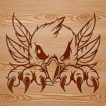 A stylized illustration of a mythical creature's head, peeking out from behind flames, depicted as a phoenix.