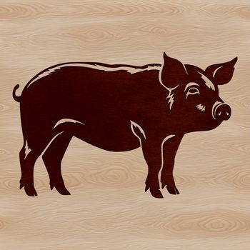 A cartoon pig standing upright on four legs in front of a farm backdrop.
