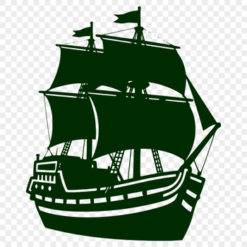 A silhouette illustration of a pirate standing on the deck of a ship.