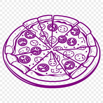 A vector graphic representation of a circular pizza with sliced edges and toppings.