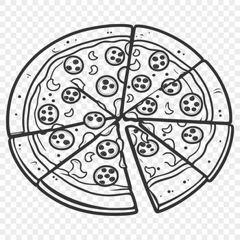 An SVG graphic design featuring a round pizza base with various toppings and a crusty border.