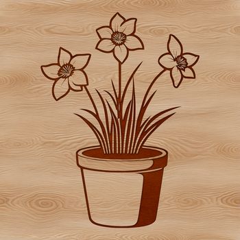 A single daffodil flower growing in a pot, surrounded by green foliage.