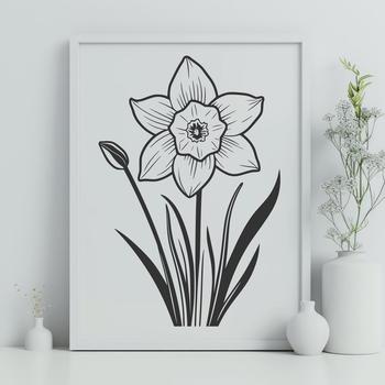 A detailed illustration of a daffodil flower with its characteristic trumpet-shaped bloom and green stem.