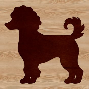 An illustrated silhouette of a poodle standing in a simple design.