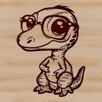 A small, prehistoric baby dinosaur wearing glasses in a playful pose.