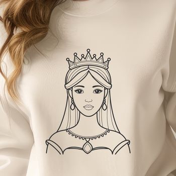 A stylized illustration of a young female character in royal attire, suitable for vector design and cutting machine projects.