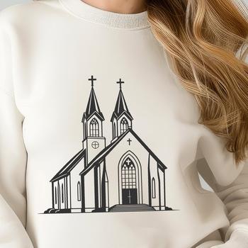 A stylized illustration of a traditional Protestant church exterior with Gothic-inspired architecture.