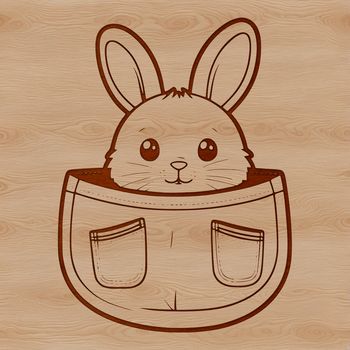 Close-up illustration of a rabbit's head peeking out from behind a garden flower.