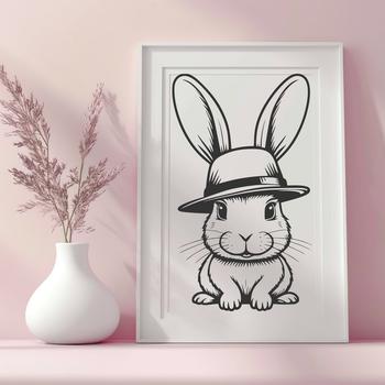A sitting rabbit wearing a hat, depicted in detailed vector art.