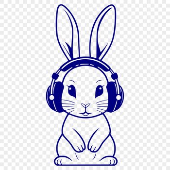 A sitting rabbit figurine with headphones on its head.
