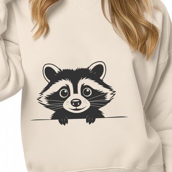 A vector graphic illustration of a raccoon peeking out from behind a tree stump.
