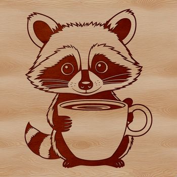 A vector illustration of a curious raccoon holding a coffee cup.