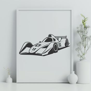A high-quality digital illustration of a racing car, ideal for vector graphics projects.