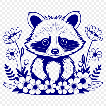A simple illustration of a raccoon surrounded by floral elements.