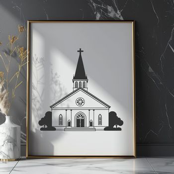 A vector graphic design of a classic Baptist church exterior with details and architectural features.