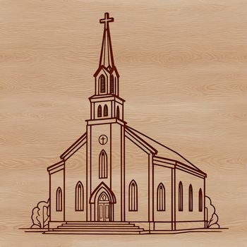 A digital illustration of a traditional American-style Baptist church with a prominent steeple.