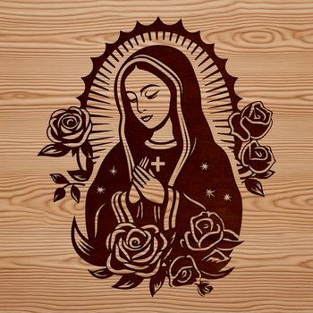 Ornate illustration of Virgin Mary surrounded by floral patterns, suitable for religious-themed crafts or designs.