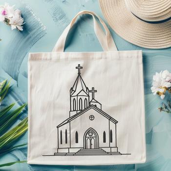 A stylized illustration of a traditional church with a steepled roof.